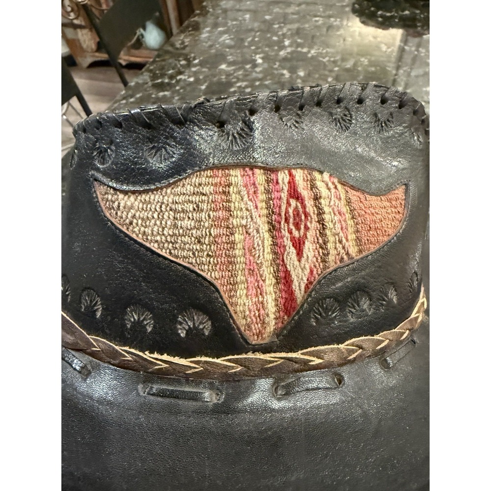 Handmade Leather Western Hat Boho Festival Kilim Patchwork 22.5in - Picture 5 of 7